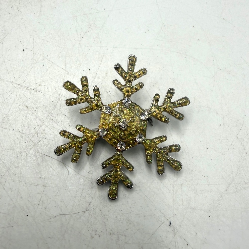 Vintage Snowflake Brooch Silver Tone Yellow Pave Rhinestone Winter Pin 2 Inch